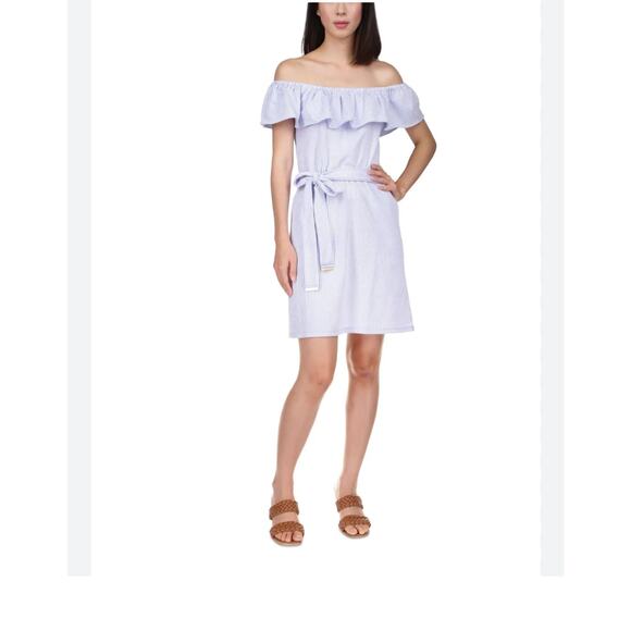 Michael Kors Women's Blue/White Striped Off Shoulder Ruffled Dress S NWT - Picture 1 of 10